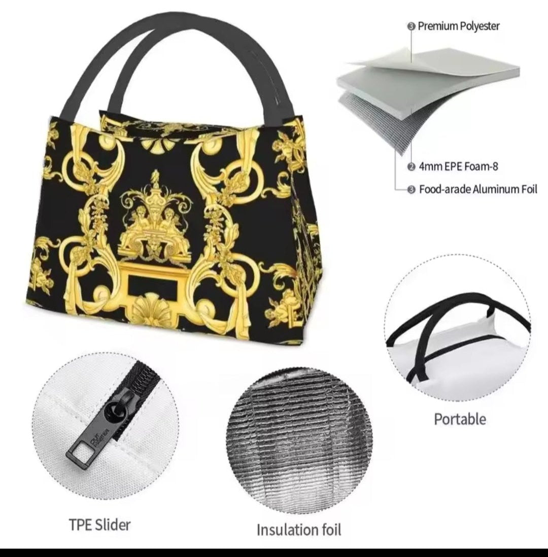 Black Gold Leaf insulated lunch bag